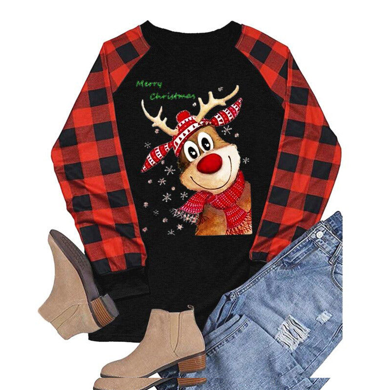 Santa Elk Print Round Neck Loose Long Sleeve T-Shirt