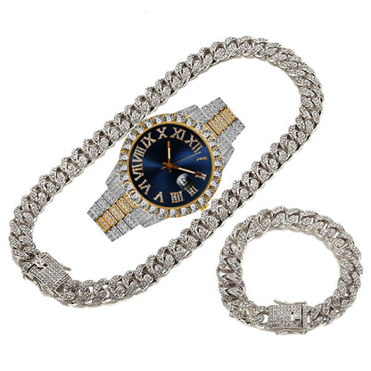 Hip Hop  Cuban Link Chain Set Necklace +Watch