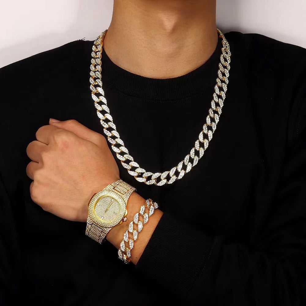 Hip Hop Iced Out Chain Necklace+Watch+Bracelet Set