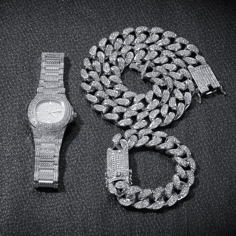 Hip Hop Iced Out Chain Necklace+Watch+Bracelet Set