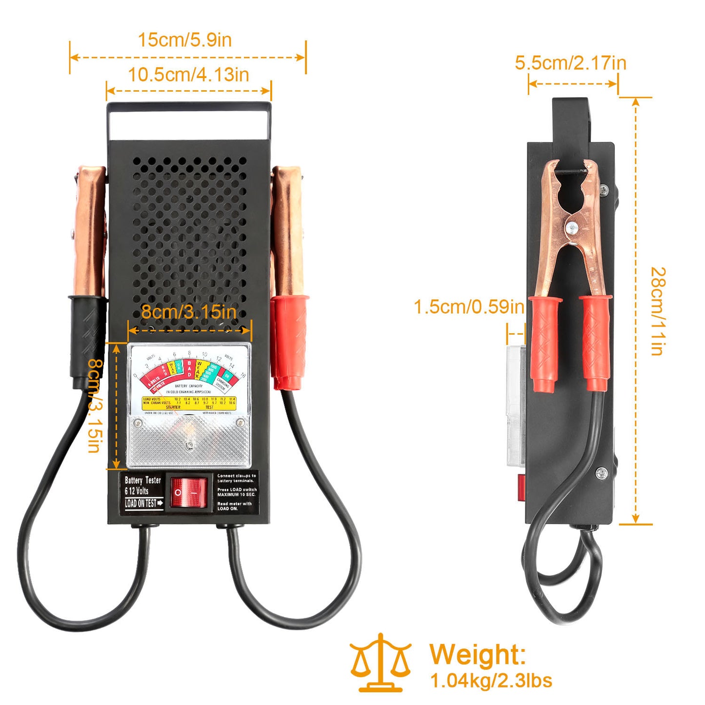 Battery Tester with Heavy Duty Insulated Copper Clips