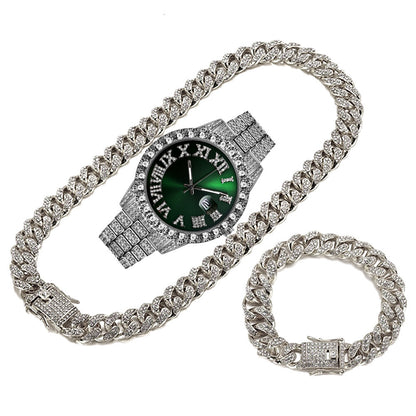 Hip Hop  Cuban Link Chain Set Necklace +Watch