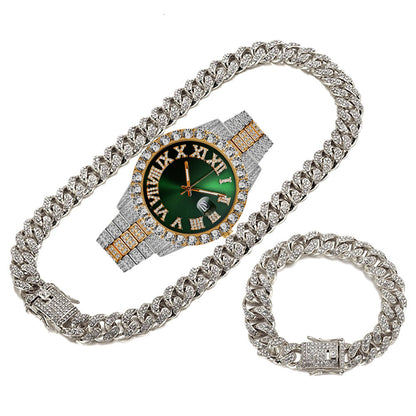 Hip Hop  Cuban Link Chain Set Necklace +Watch