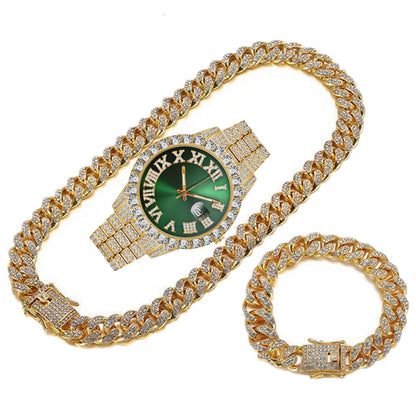 Hip Hop  Cuban Link Chain Set Necklace +Watch