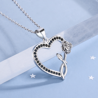 Silver black and White Diamond Heart Pendant Necklace