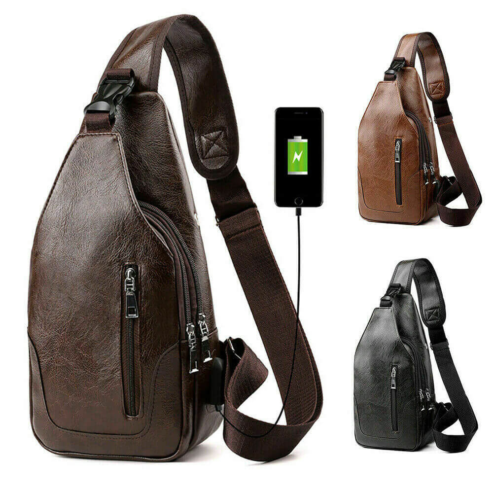 Men Chest Bag PU Leather Sling Fanny Pack