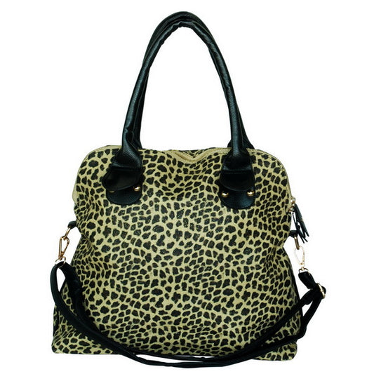 Leopard Fur Leatherette Double Handle Satchel Bag Handbag Purse