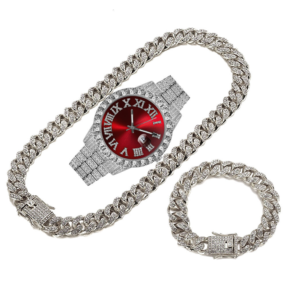 Hip Hop  Cuban Link Chain Set Necklace +Watch