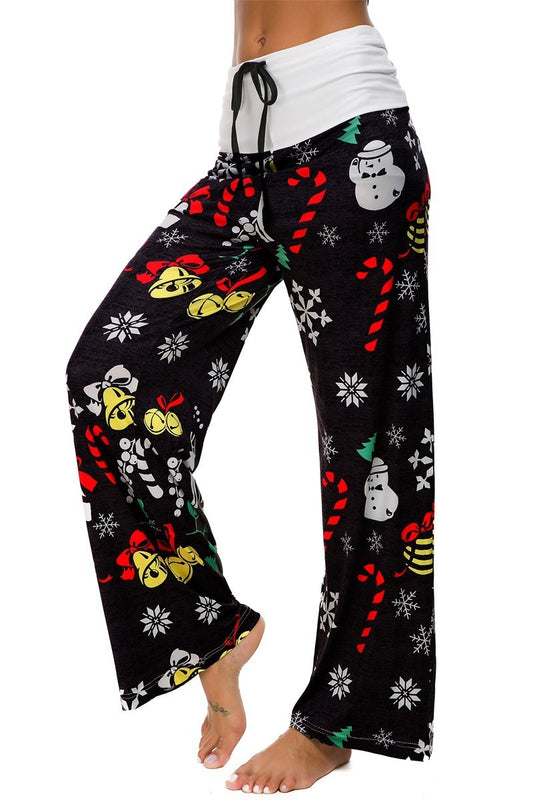 Christmas Snowflake Elk Print Stitched Wide Leg Pants