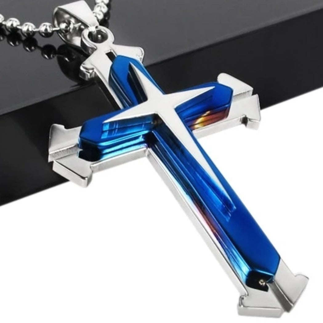 Mens Steel Cross Pendant Necklace