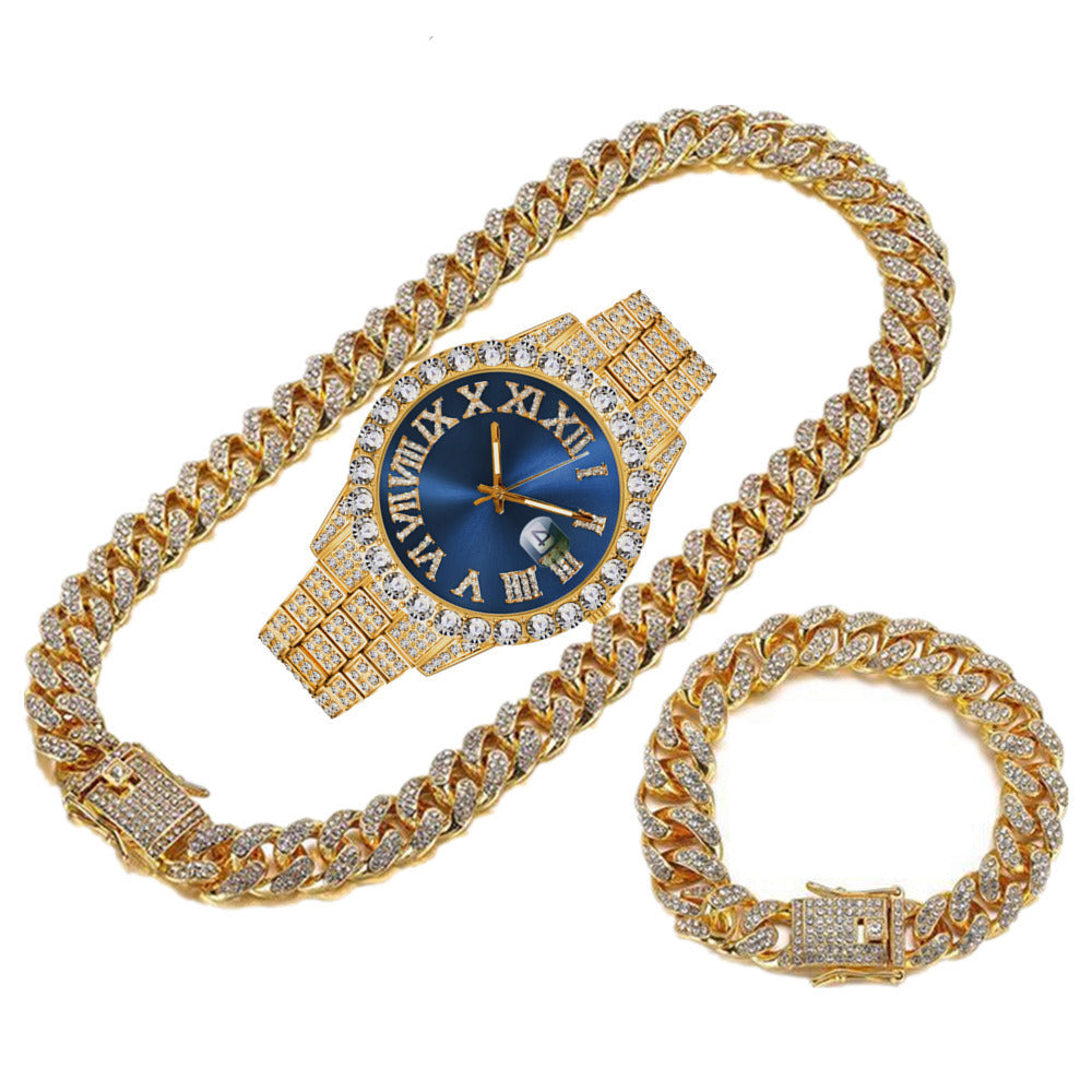 Hip Hop  Cuban Link Chain Set Necklace +Watch