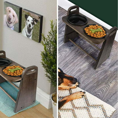 Rustic Wood Elevated Dog Cat Dishes