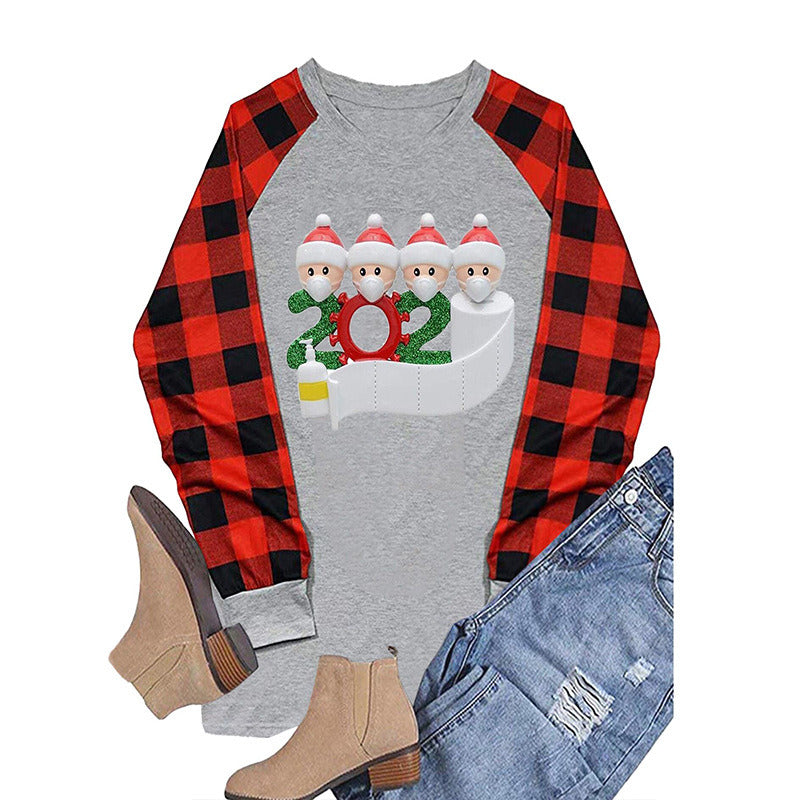 Santa Elk Print Round Neck Loose Long Sleeve T-Shirt