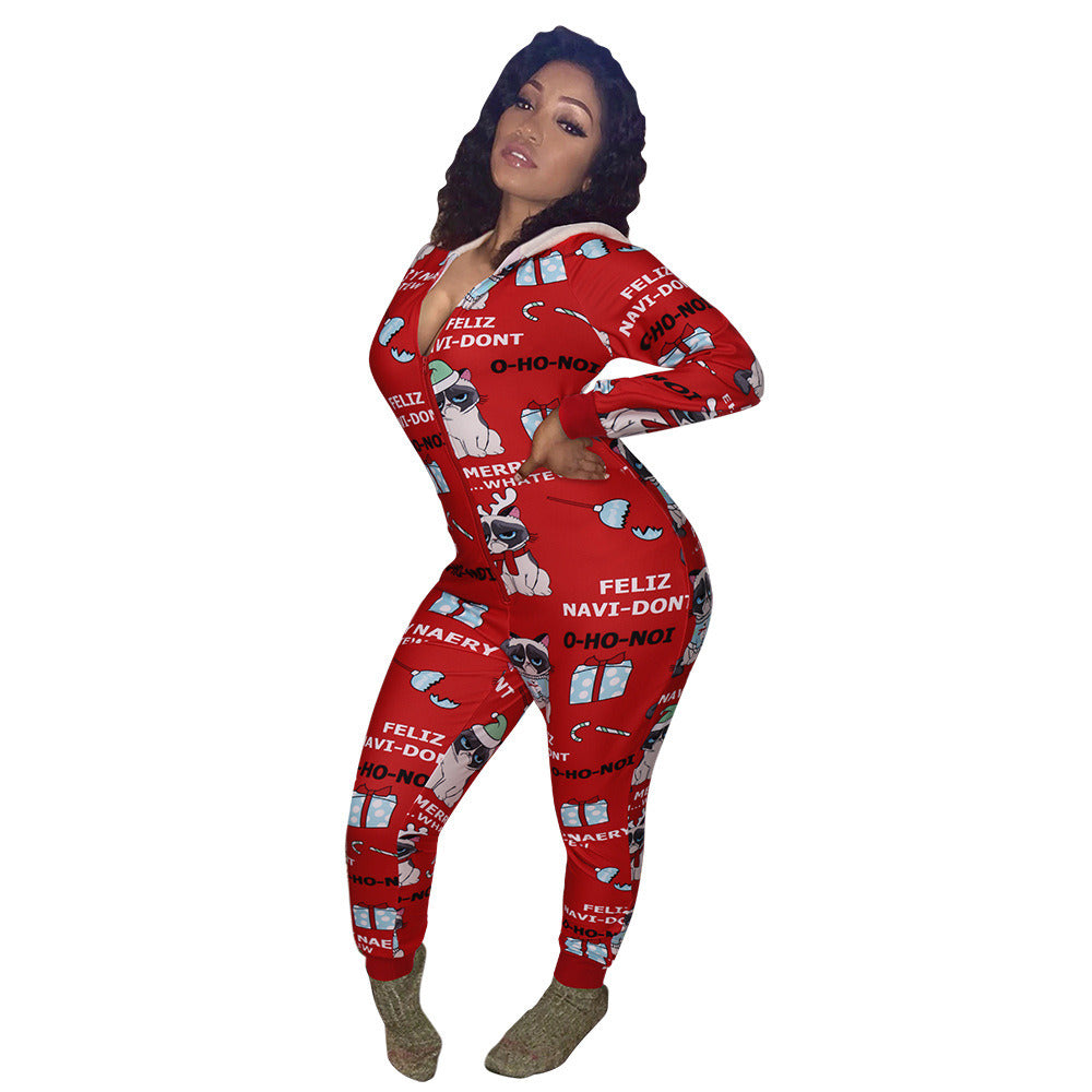 Hooded Christmas Print Home Wear V-neck Jumpsuit