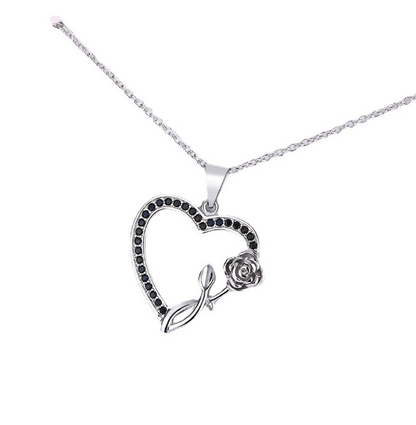 Silver black and White Diamond Heart Pendant Necklace