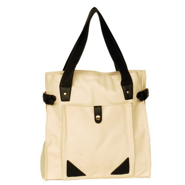 Stylish White Leatherette Double Handle Satchel Bag Handbag Purse