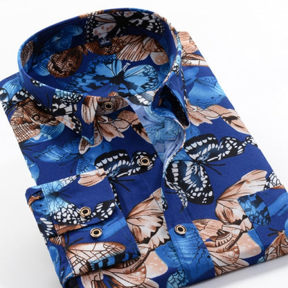 Large Plus Size Flower Print Men's Fashion Casual Long Sleeve Shirt