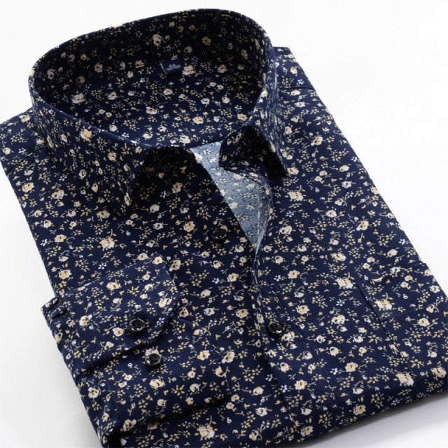 Large Plus Size Flower Print Men's Fashion Casual Long Sleeve Shirt