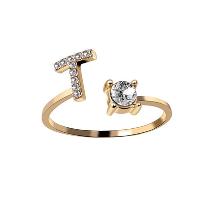 A-Z Letter Gold Metal Adjustable Opening Rings For Women