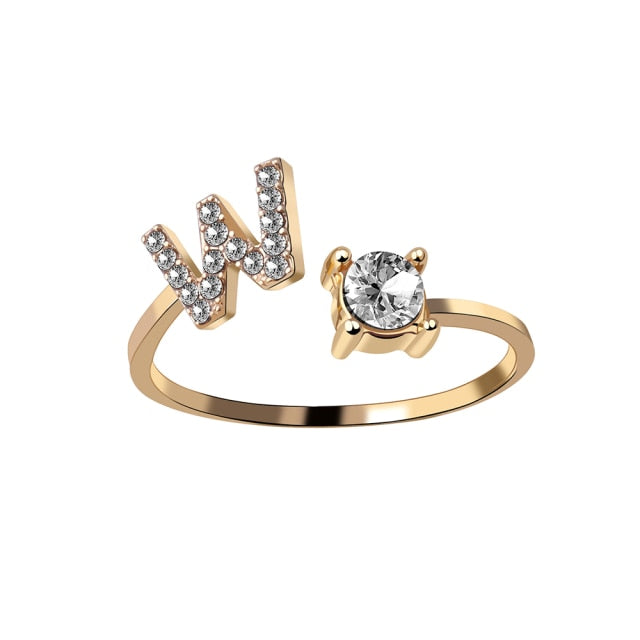 A-Z Letter Gold Metal Adjustable Opening Rings For Women
